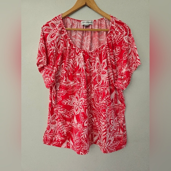 CATHY DANIELS Women's Blouse Floral Red Bling Shirt Size 3X Easter - Picture 1 of 9